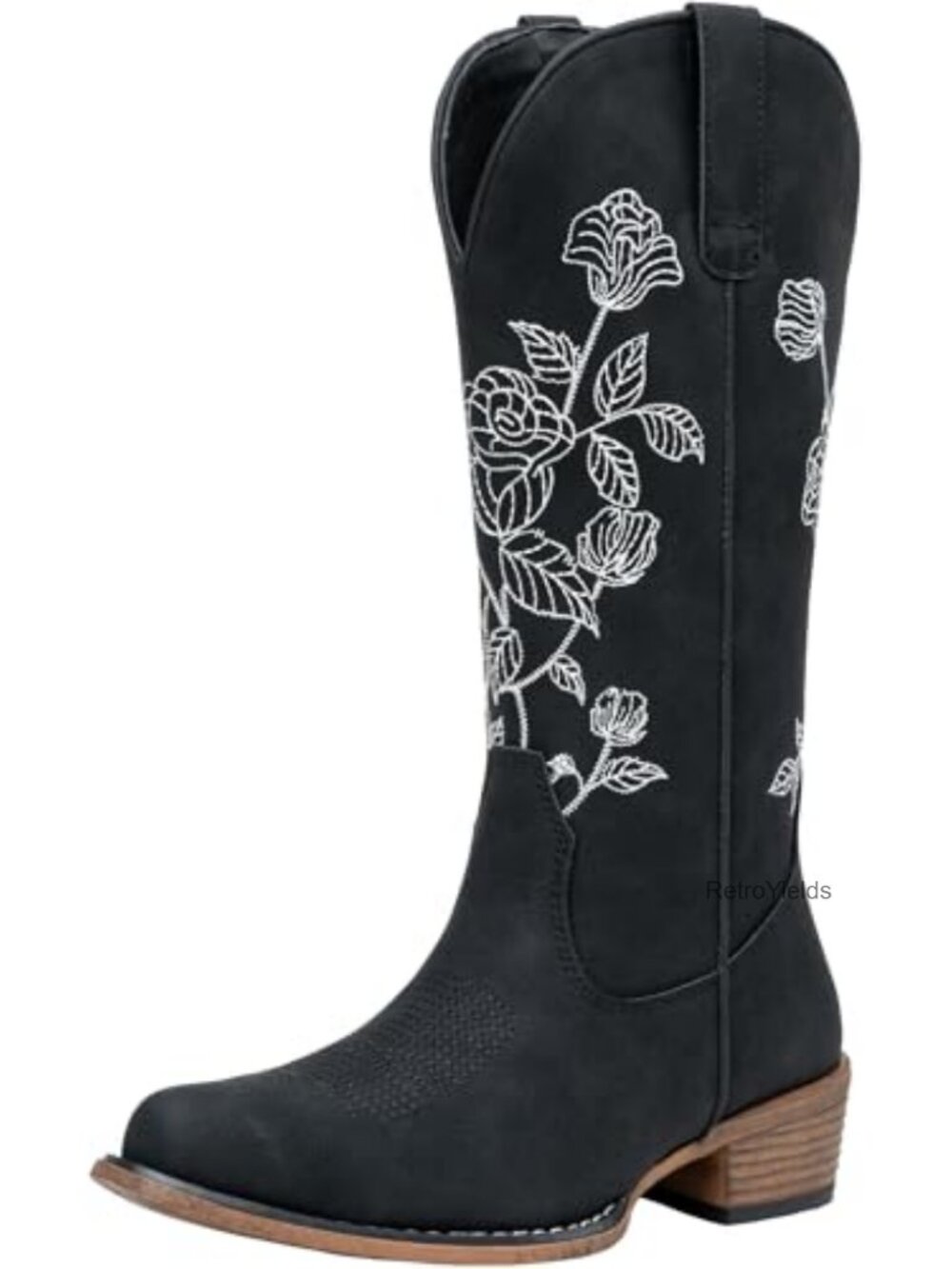 Mid Calf Western Cowboy Boots Faux Leather Low Heel Embroidery Zip